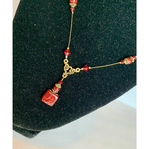 Vintage Look Gold Bronze Tone Red Glass Drop Beads Necklace, Handmade NEW - Picture 5 of 8